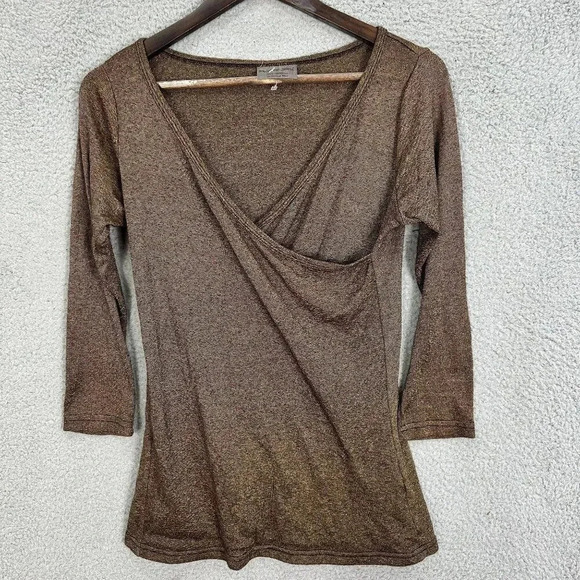 Michael Stars top OSFM brown gold faux‎ wrap 3/4 sleeve stretch boho glam - Picture 1 of 7
